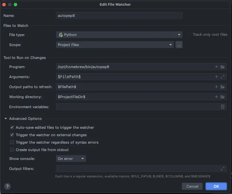 Añadir formatter al file watchers