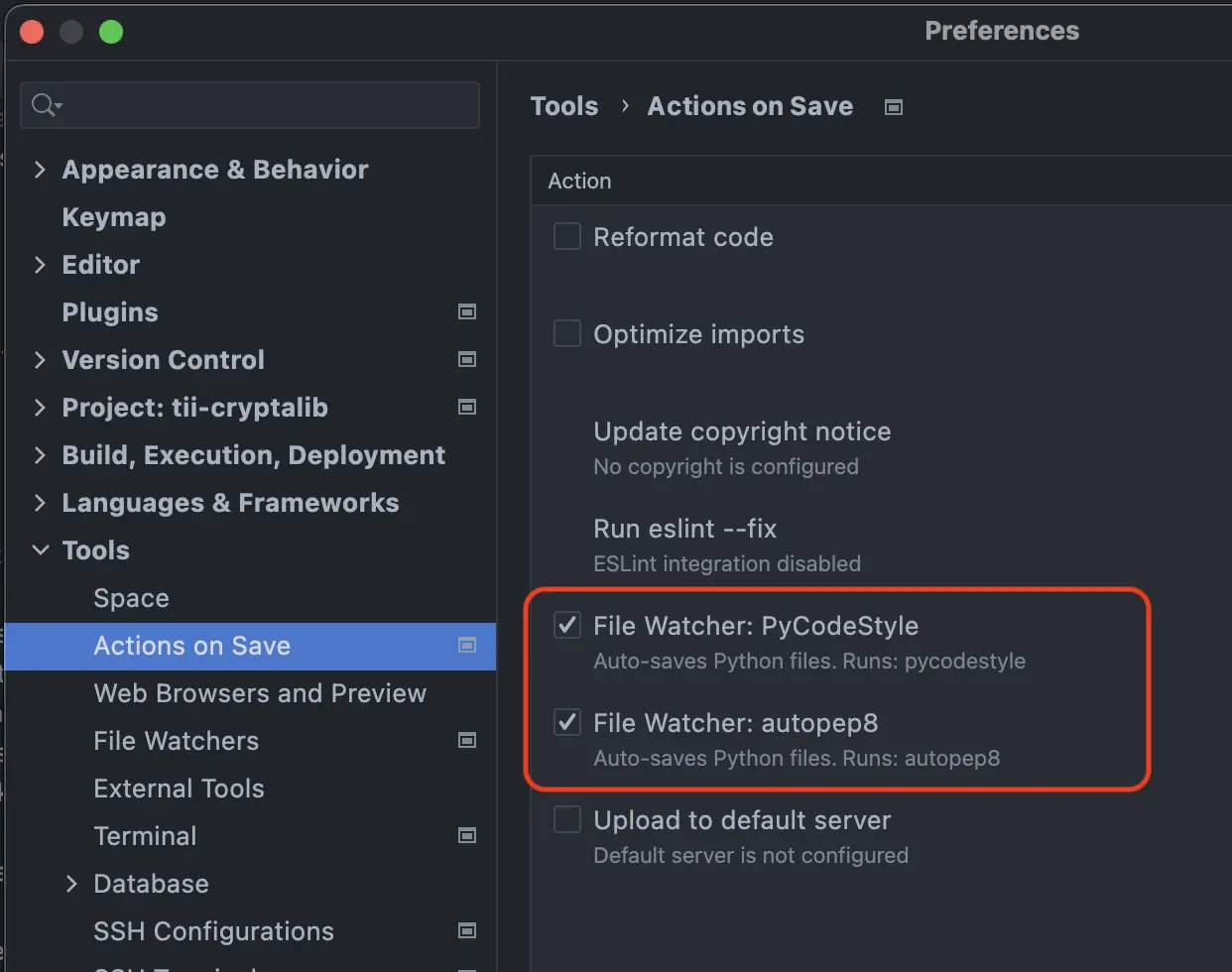 Activadas las opciones del file watcher correspondientes al linter y al formatter