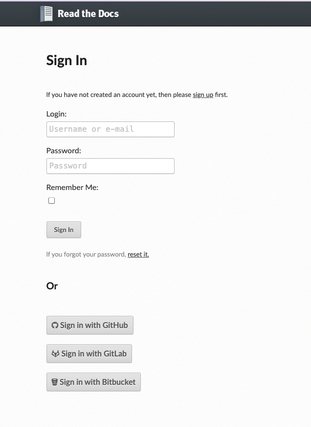 Interfaz de usuario para crear una cuenta en Read the Docs